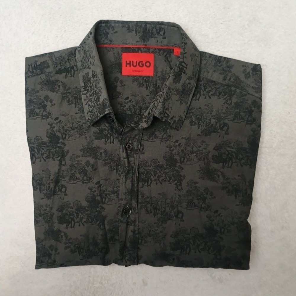 Hugo Shirt Mens 15 Gray Graphic Print Button-Up Extra Slim Elisha Long Sleeve